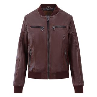 Woman's Sheepkin Leather Bomber Jacket - Burgundy 6842-wine by Primehide color Burgundy